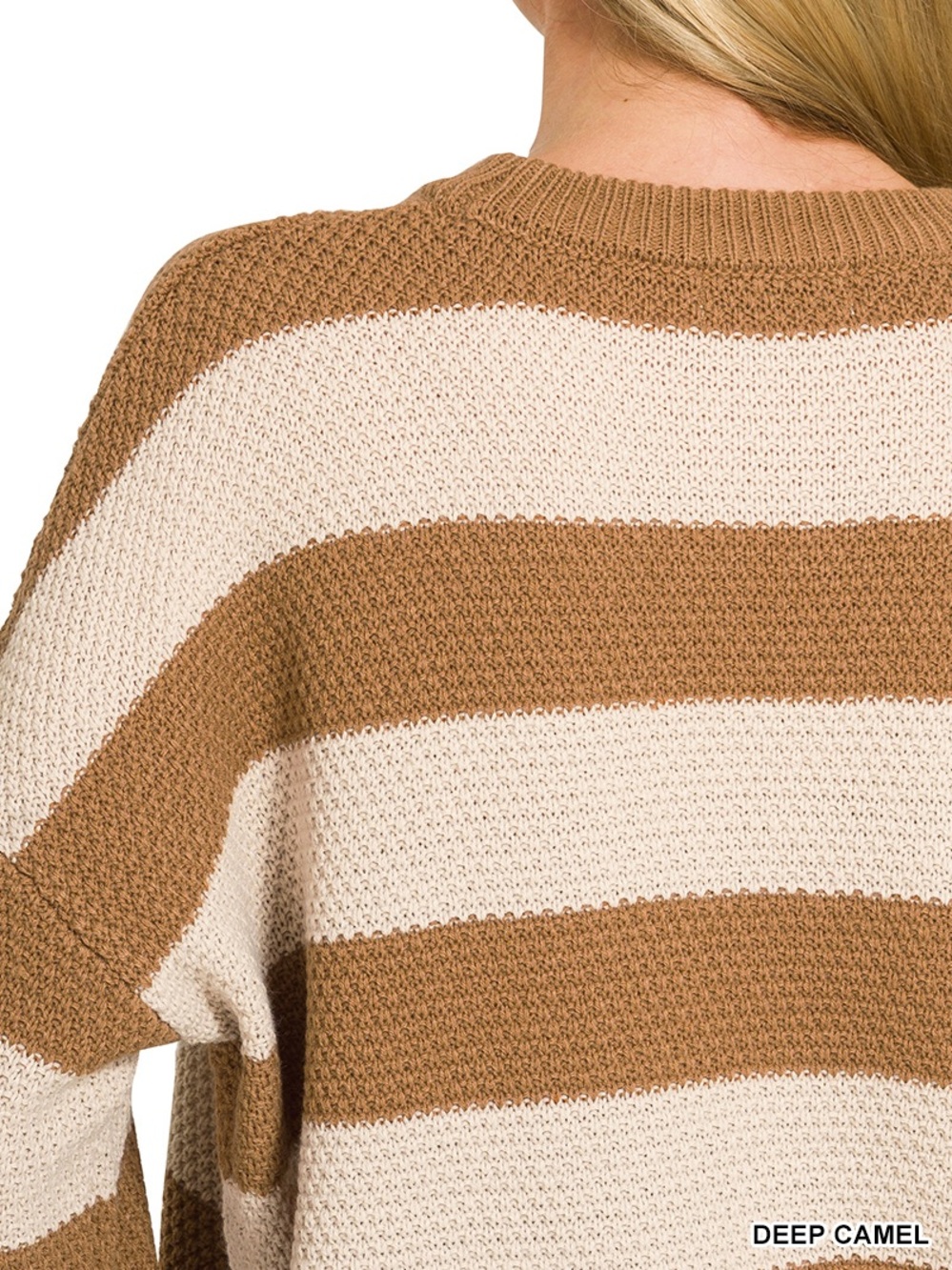 “ Varsity Coast “ Stripe Drop Shoulder Sweater | Deep Camel & Cornflower Blue - Picture 8 of 9